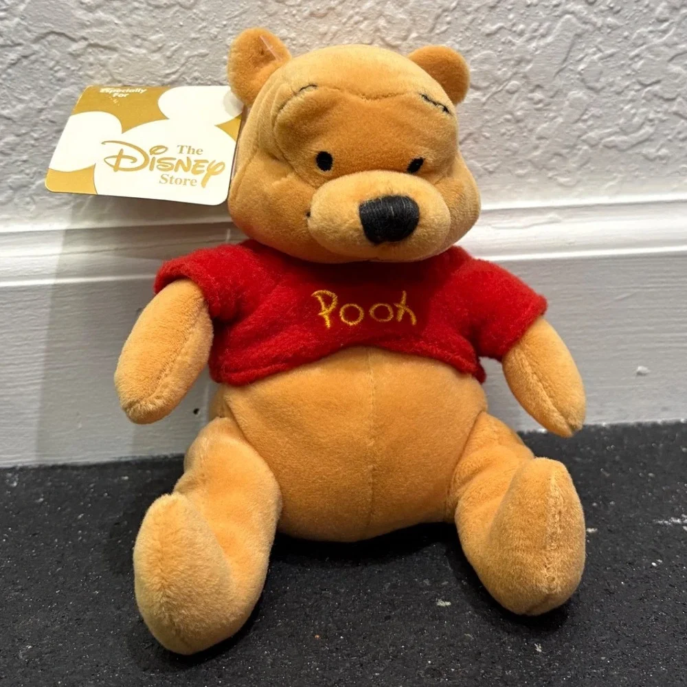 NWT Disney Store Winnie The Pooh Plush Beanie Baby Red Shirt Bee Embroidery‎